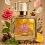 Square (1:1) product image of the Reine Extrait de Parfum bottle, placed next to elegant white flowers and a subtle woody texture, highlighting its long-lasting floral woody luxury notes.